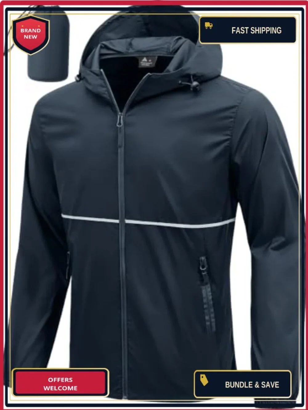 Men's Waterproof Packable Rain Jacket with Reflective Stripes